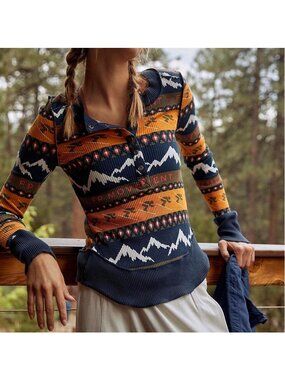 Free People Movement Rally Printed Ski Ribbed Henley Long Sleeve Top XL